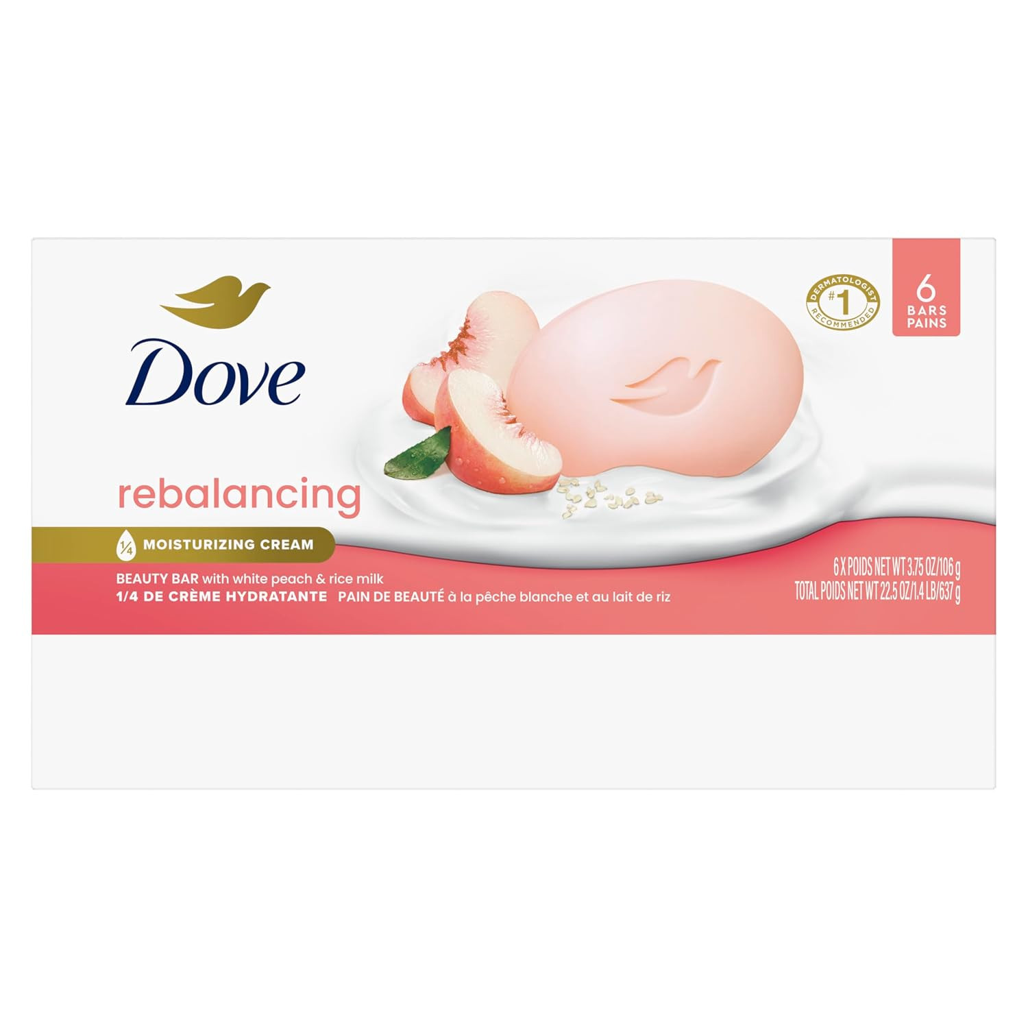 Dove Rebalancing Beauty Bar Soap 6 Count, White Peach & Rice Milk, 3.75 Oz I Pla