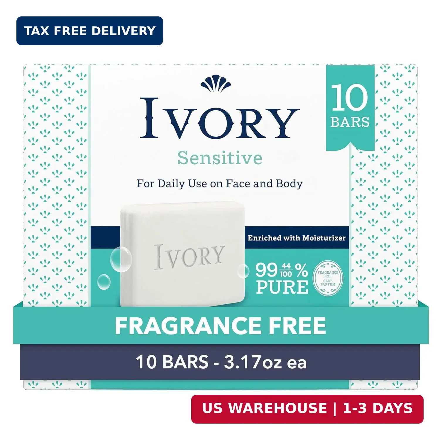 Ivory Sensitive Bar Soap, Designed for Whole Family, Fragrance Free, 99.44% Pure