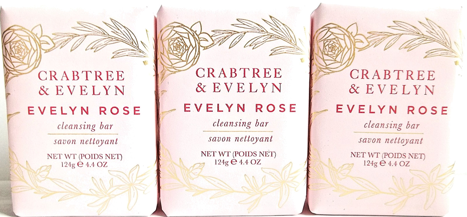 Crabtree & Evelyn Cleansing Bar Soap, EVELYN ROSE, 4.4 oz/124 g, NEW x 3