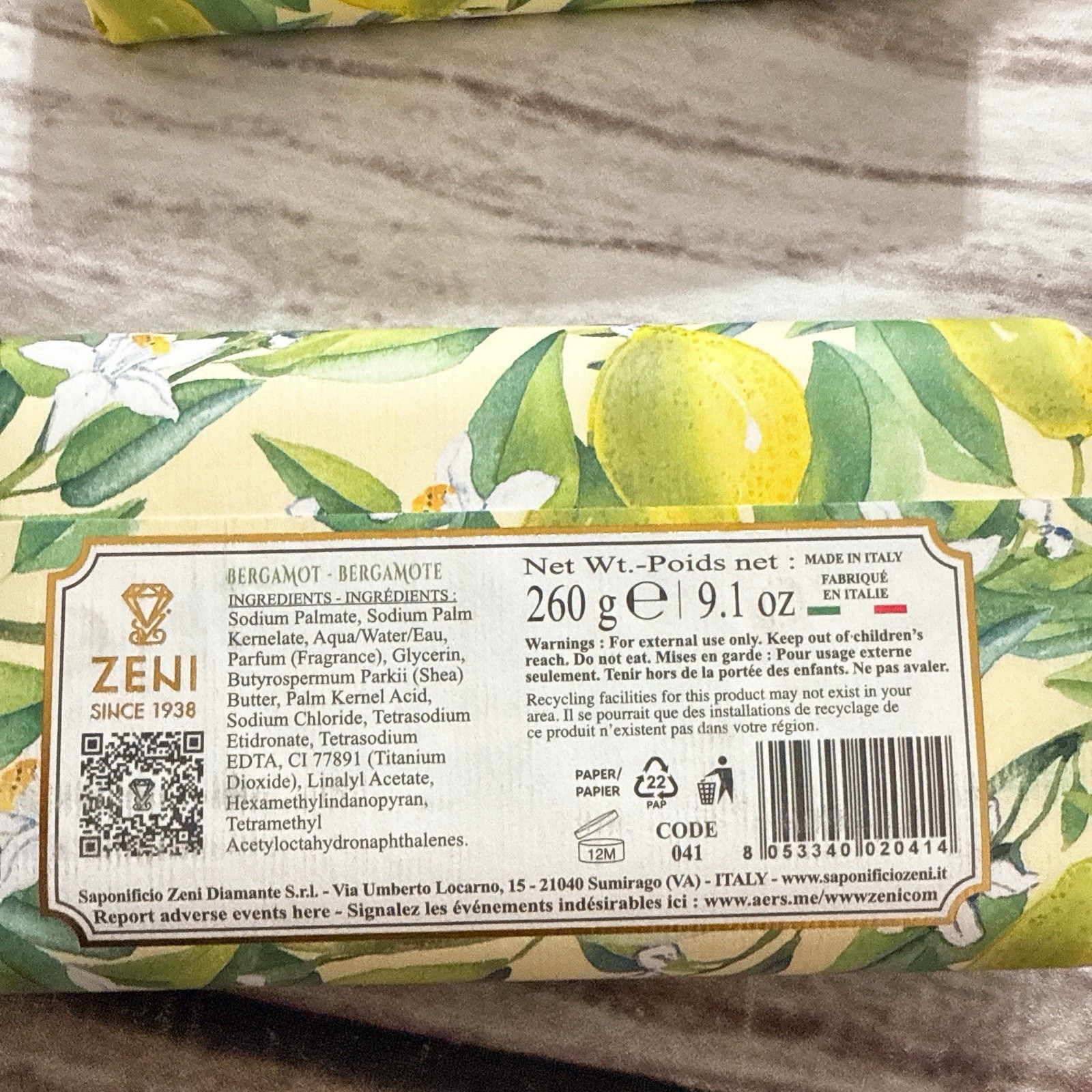 2 pcs ZENI Scent :BERGAMOT fine Milled ITALIAN Soap Bar 9.1 Oz/each
