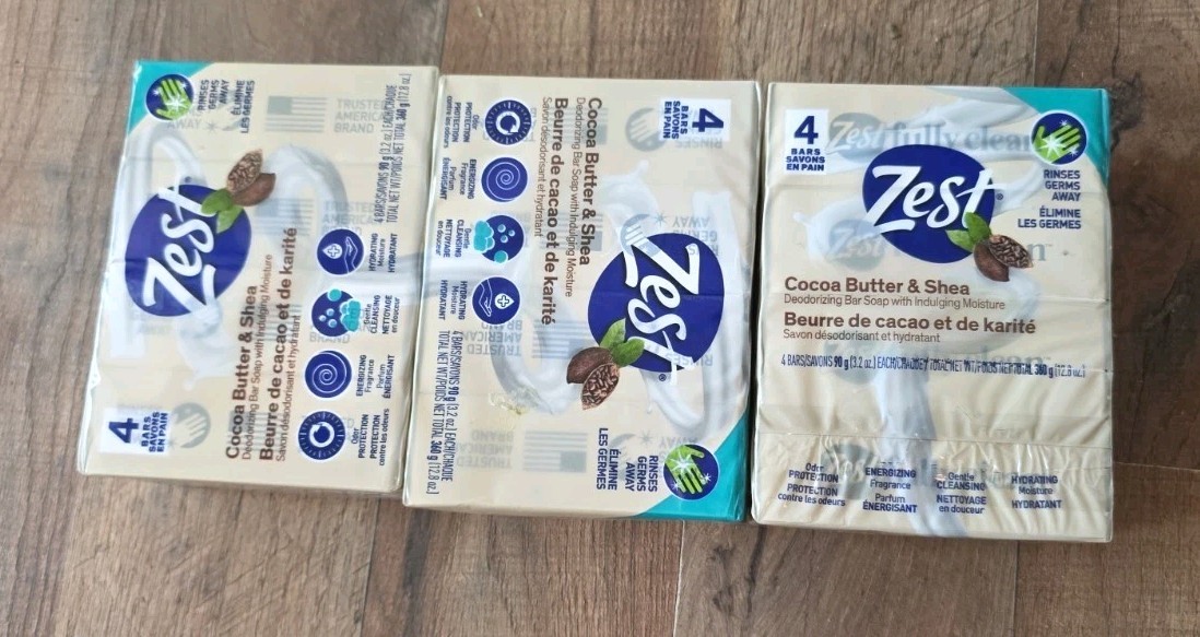 Lot Of 3 Zest Cocoa Butter & Shea Bar Soap, for All Skin Types 4 Packs 12 Bars