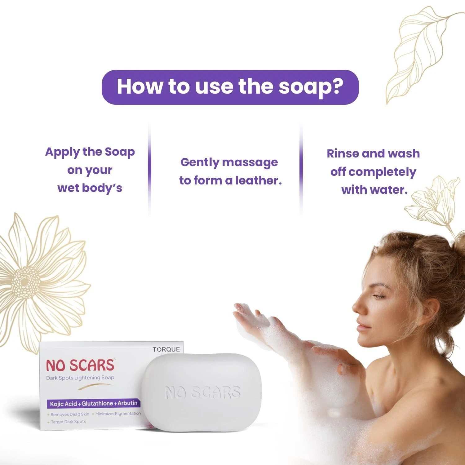 No Scars Kojic Acid & Glutathione Whitening Body Soap 75g Pack of 3 FreeShipping