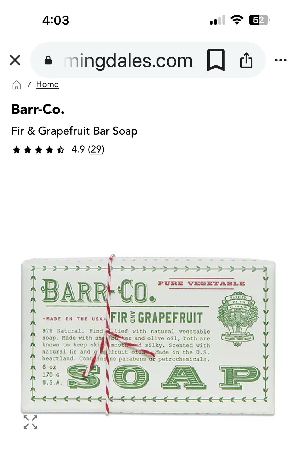 Barr-Co. Fir & Grapefruit Bar Soap 6oz Nip
