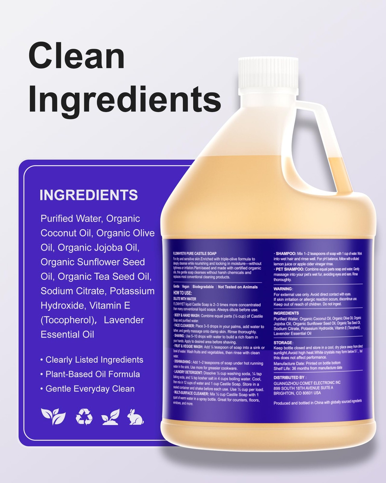 EWG Verified Pure Castile Soap Liquid Lavender 1 Gallon Dry Skin