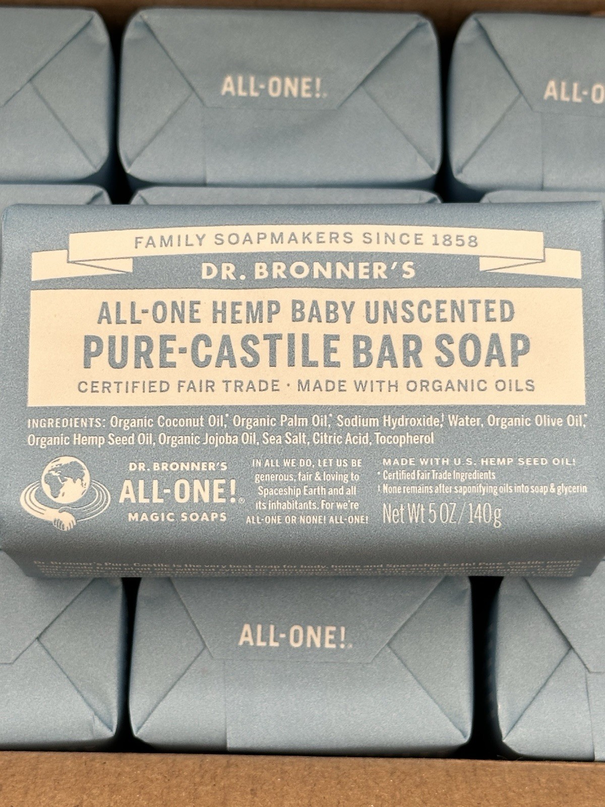 Dr Bronner’s All-One Hemp Baby Unscented Pure Castile Bar Soap 12 Pack 5oz Bars