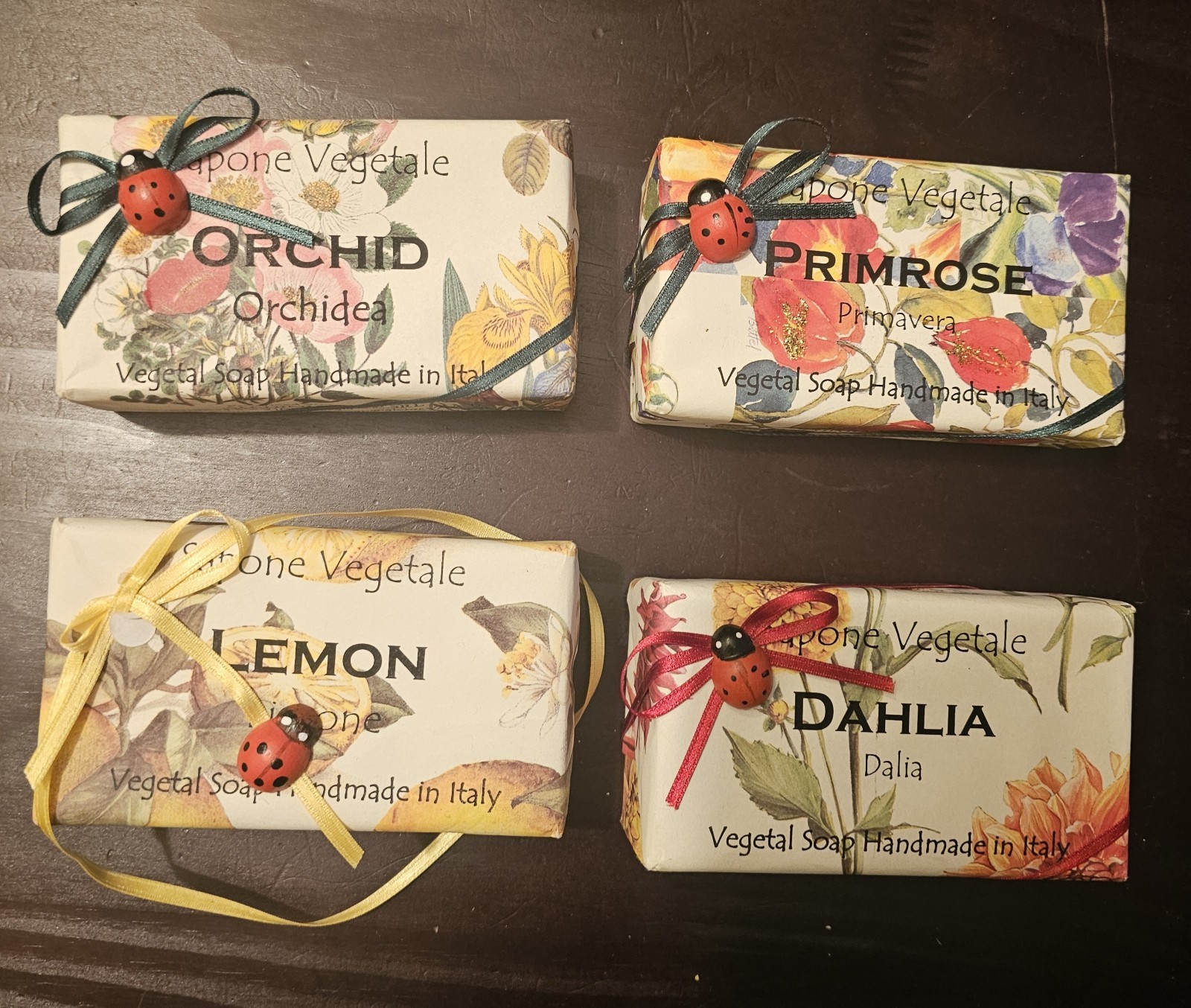 Lot Of 4 Luxury Italian Sapone Vegetable Bar Soaps ORCHID/PRIMROSE/LEMON/DAHLIA