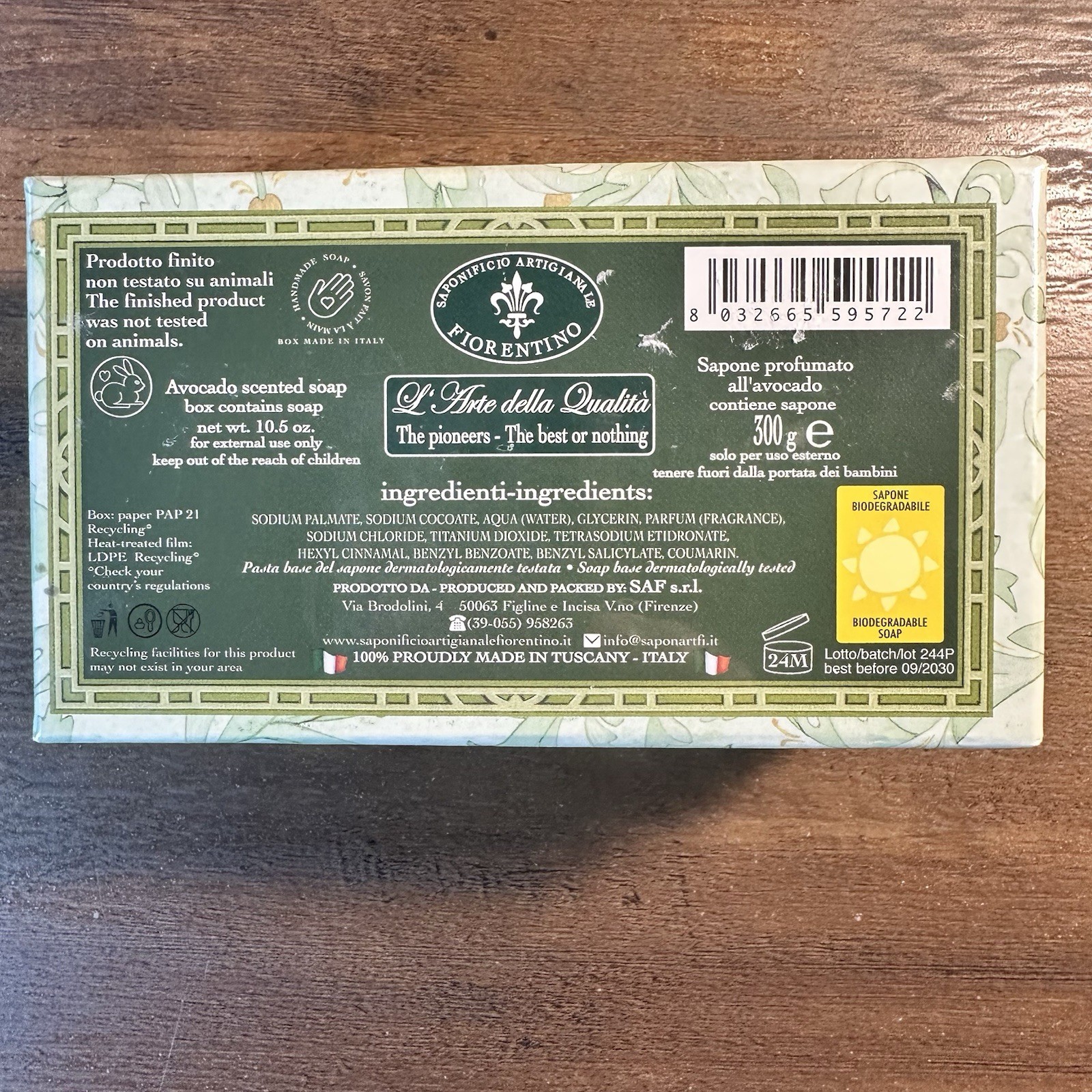 Saponificio Artigianale Fiorentino Avocado Nourishing Luxury Italian Soap 10.5Oz
