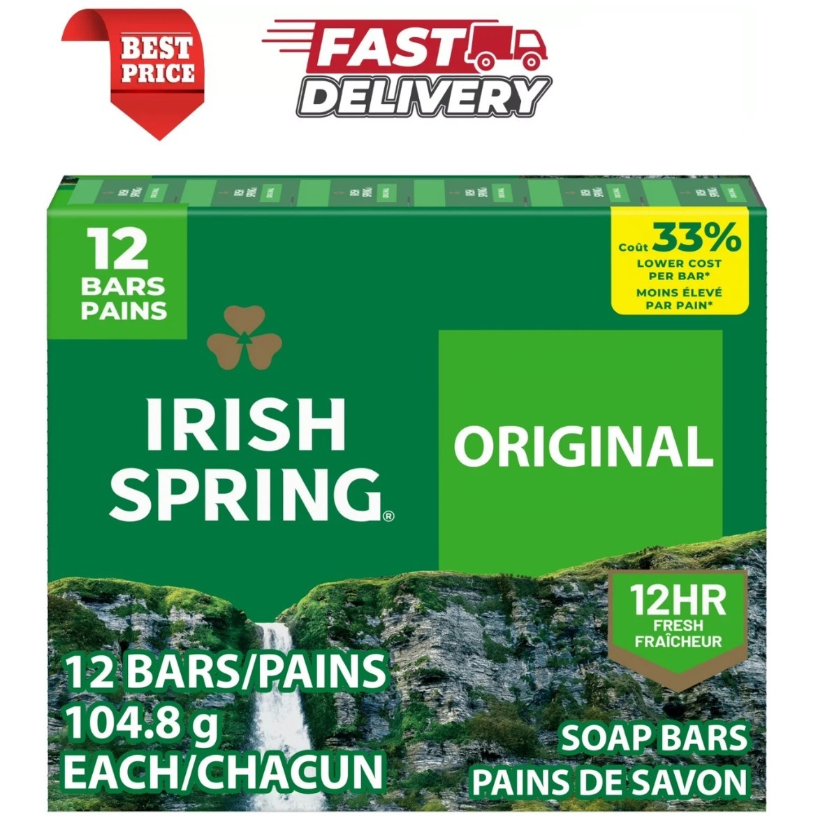 Irish Spring Bar Soap for Men, Original Clean Mens Bar Soap, 12 Pack, 3.7 Oz