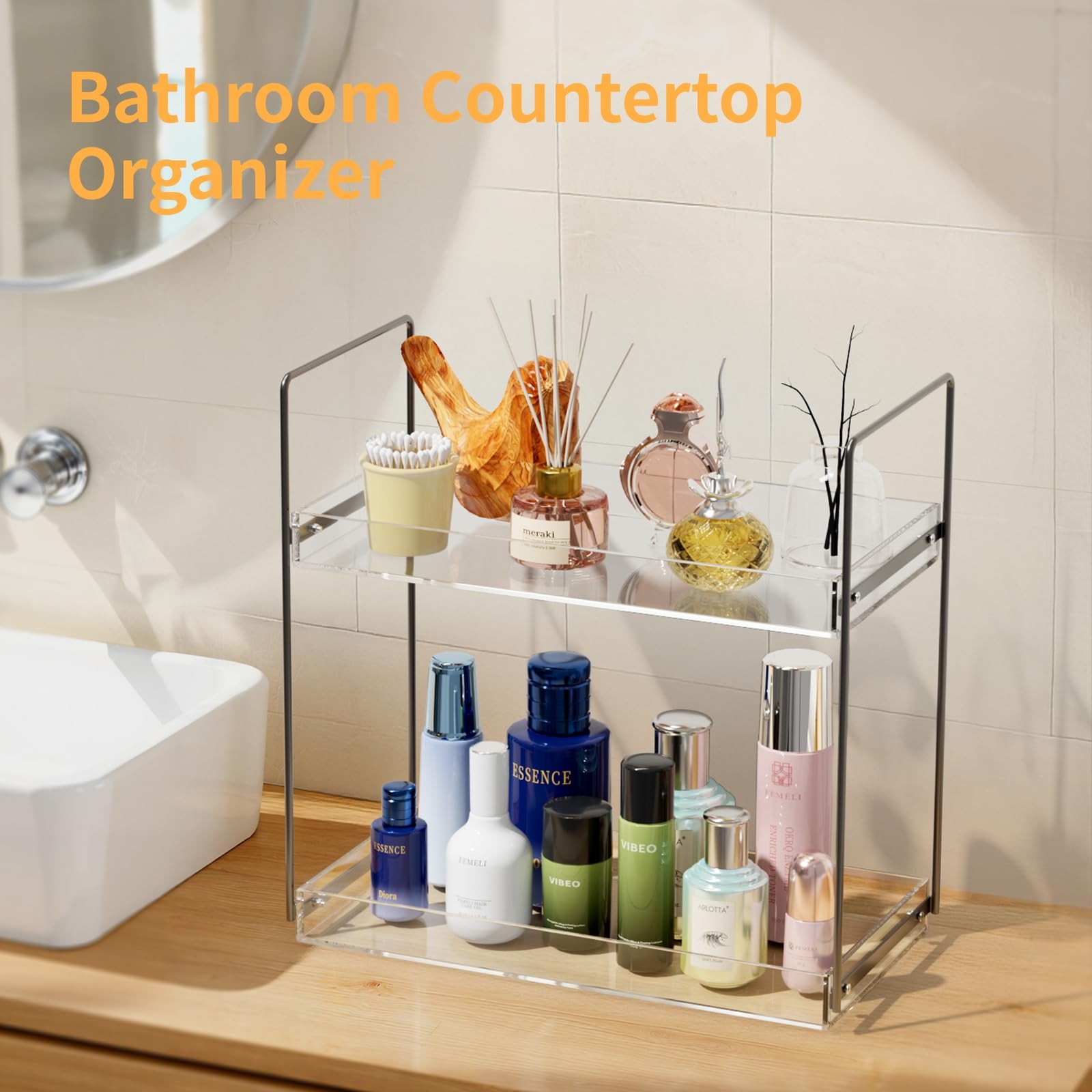 2 Tier Acrylic Bathroom Countertop Organizer Tray – Vanity, Skincare Storage