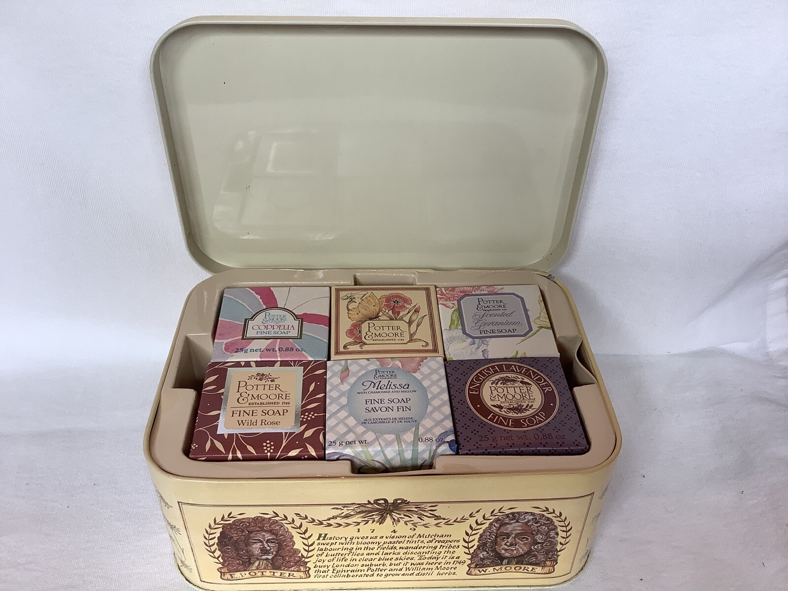 Potter & Moore Tin 12 Soap Bars Coppelia Wild Rose Lavender Melissa Geranium