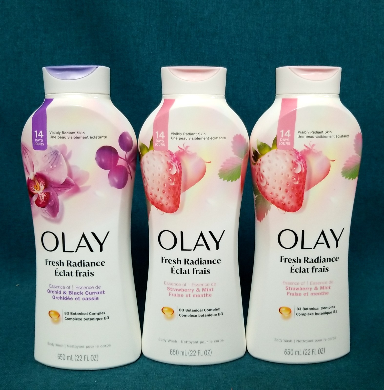6 Bulk Assorted Olay Fresh Radiance Bottles Lotions 22 FL OZ Each; Strawberry +
