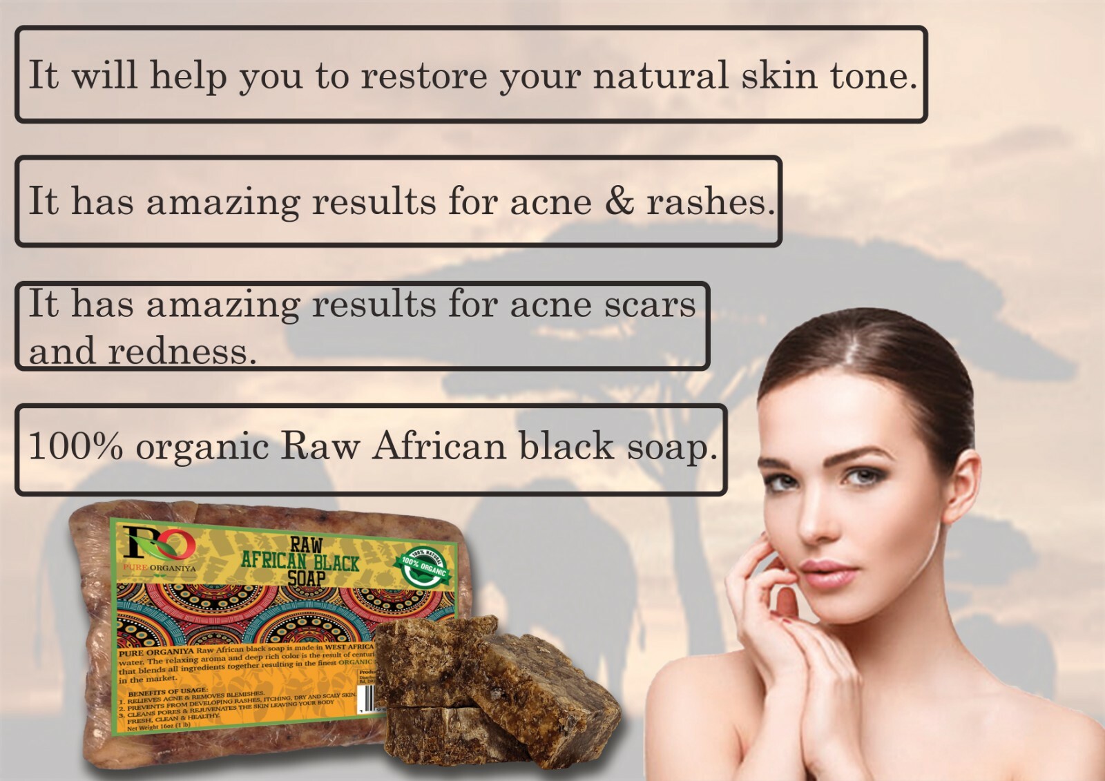Pure Organiya Raw African Black Soap(16OZ) 100%Natural Unrefined Soap From Ghana