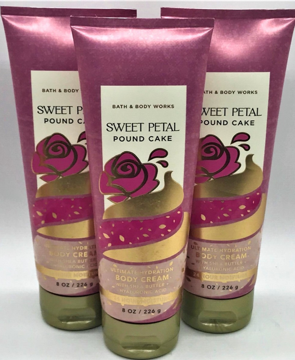 x3 Bath & Body Works SWEET PETAL POUND CAKE Body Cream 8 oz Ultimate Hydration