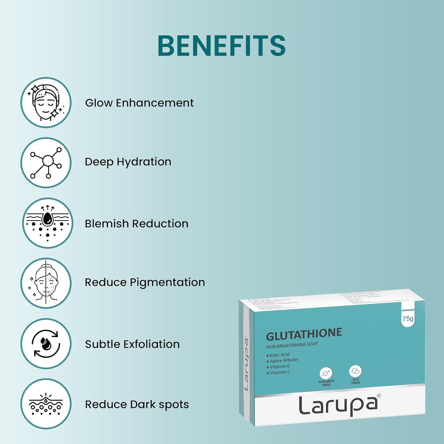 Larupa Soap Glutathione Kojic Vitamins C E Alpha Arbutin Dark Spots 75gm x 3