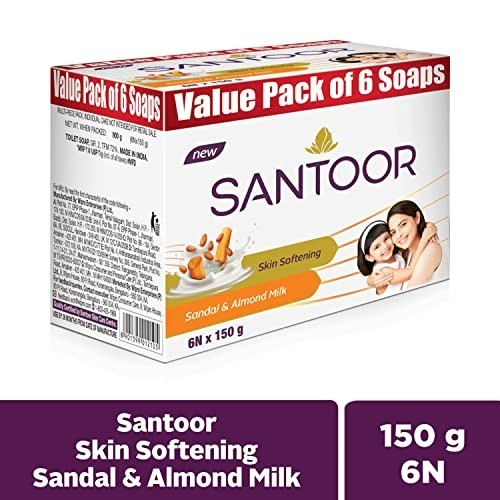 Santoor Sandal Almond Milk Bathing Soap 150g Pack of 6 Skin Softening Bars FS