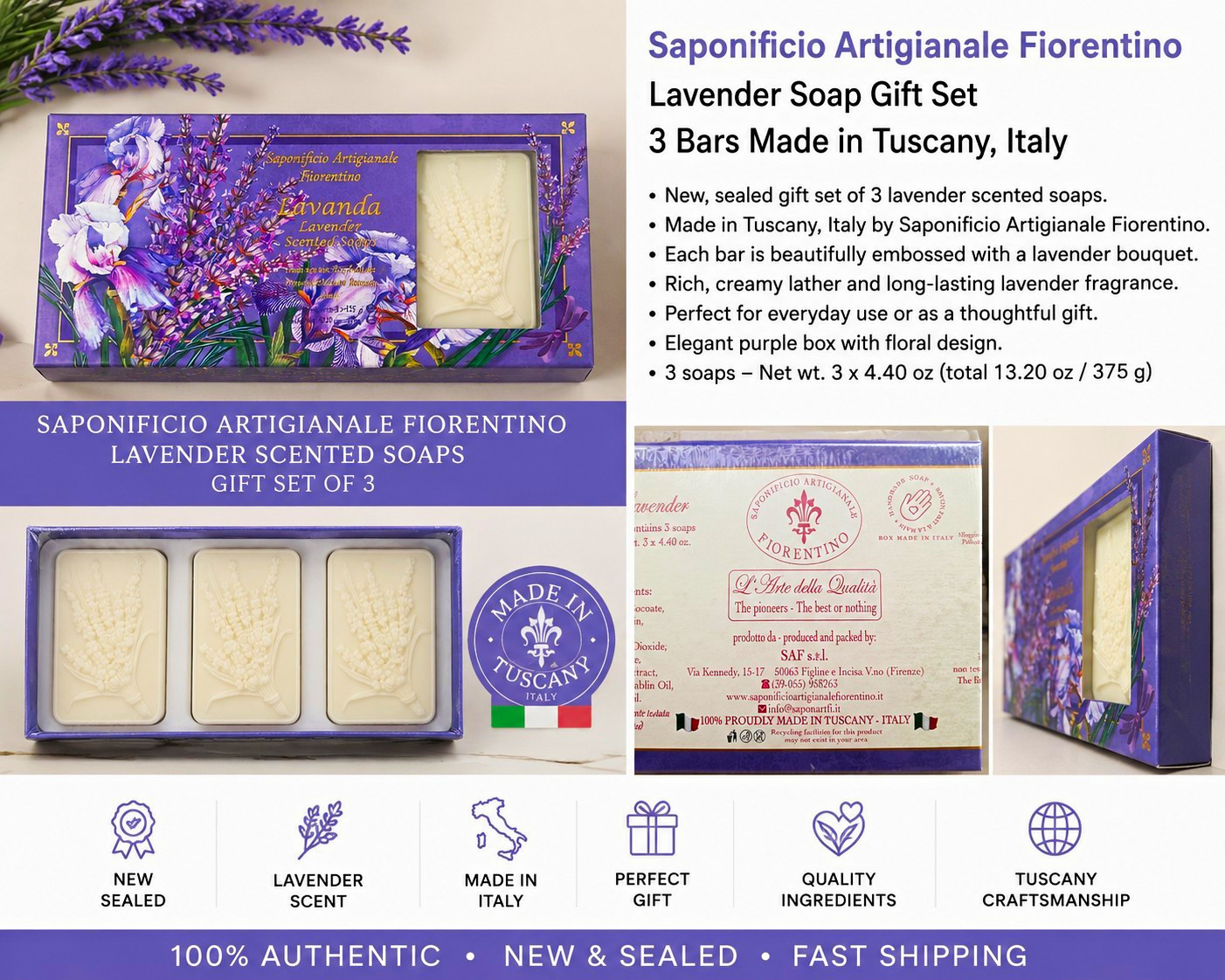 Saponificio Artigianale Fiorentino Lavender Soap Gift Set 3 Bars 4.40 oz