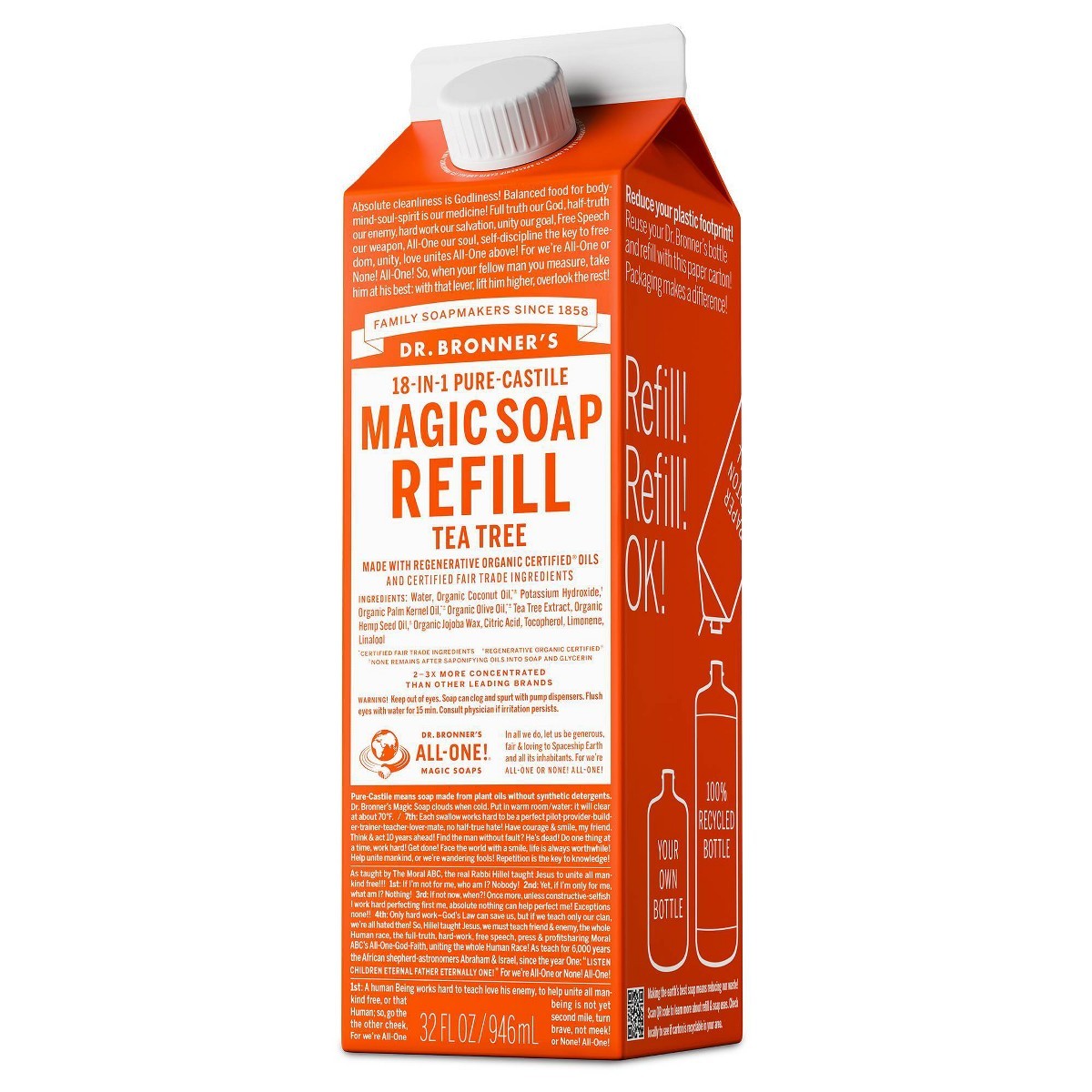 Dr. Bronner’s Pure Castile Liquid Soap Bodywash Refill Carton-Tea Tree- 32 fl oz