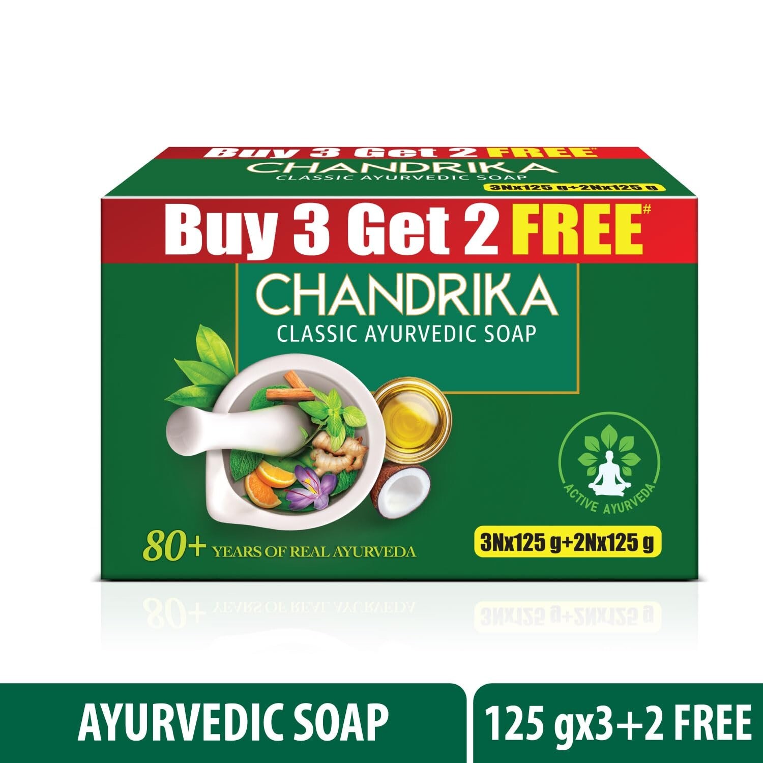 Chandrika Ayurvedic Handmade Soap, 125 grams (Pack of 3) with 2 Free 125 grams