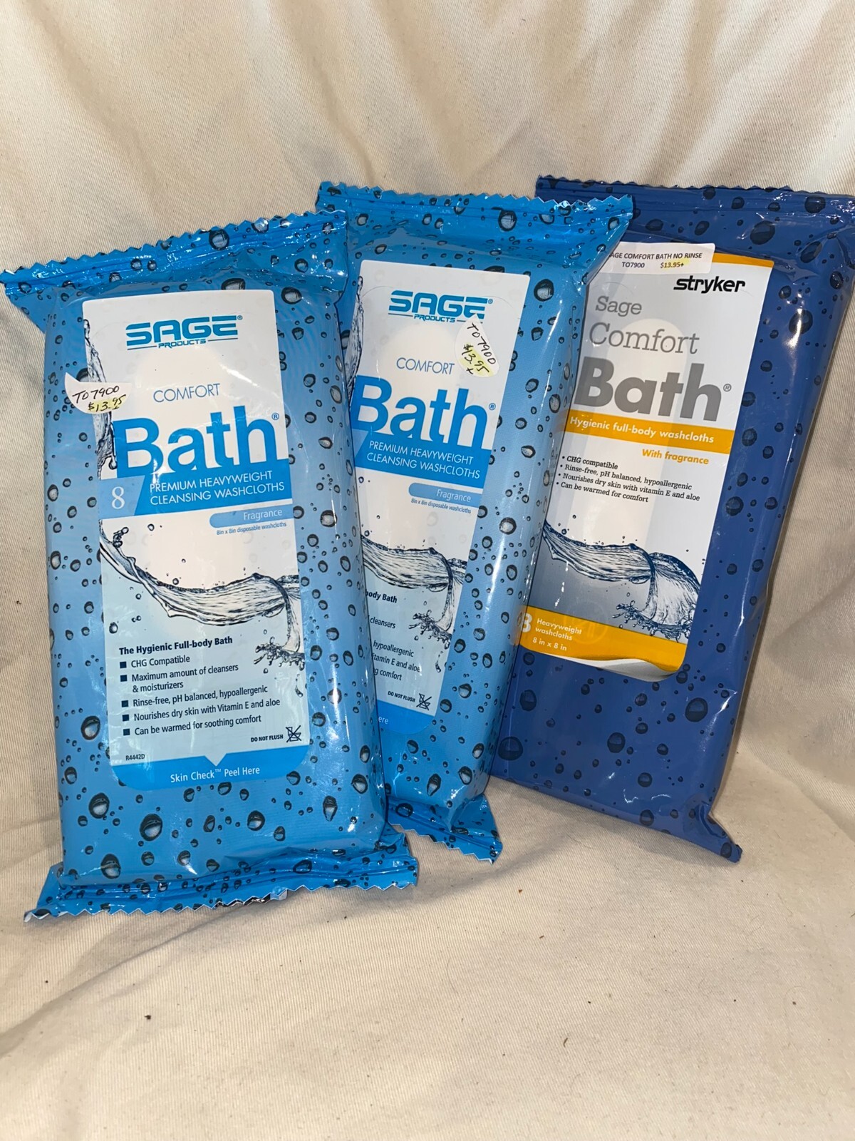 Lot of 3 Sage/Stryker Comfort Bath Heavyweight Cleansing Washcloths hygienic chg