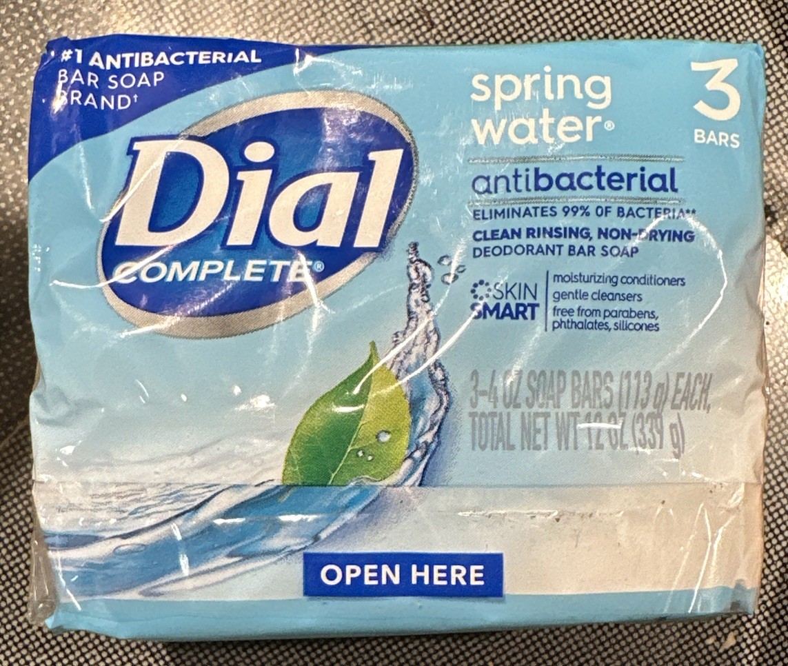 3 Dial Antibacterial Soap Bars Spring Water, 4 oz Bars Each New Sealed