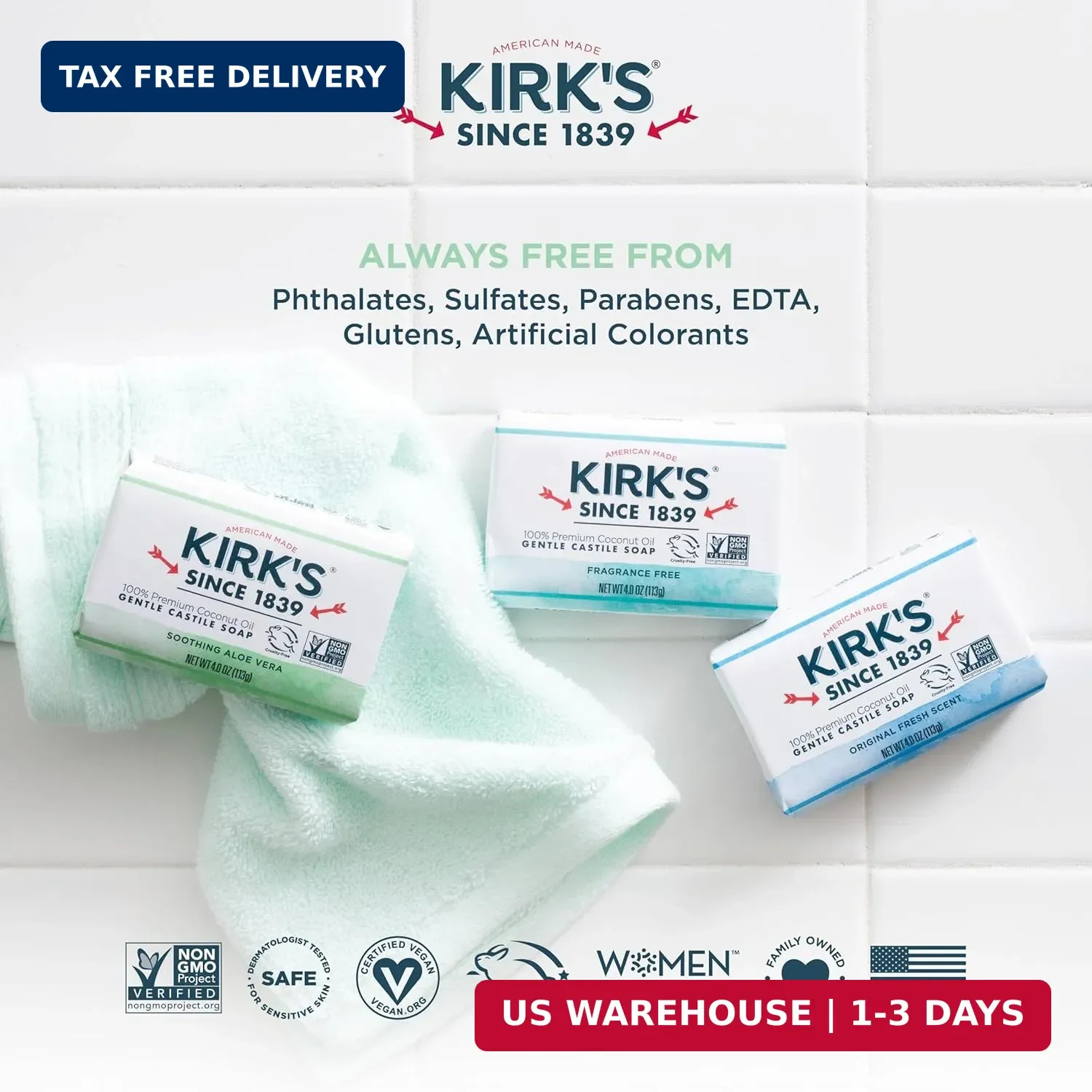 Kirk’s Gentle Castile Soap – Soothing Aloe Vera, 4 Ounce (Pack of 3)