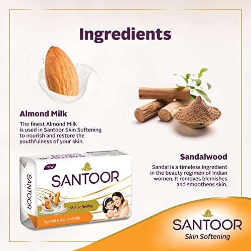 Santoor Sandal Almond Milk Bathing Soap 150g Pack of 6 Skin Softening Bars FS