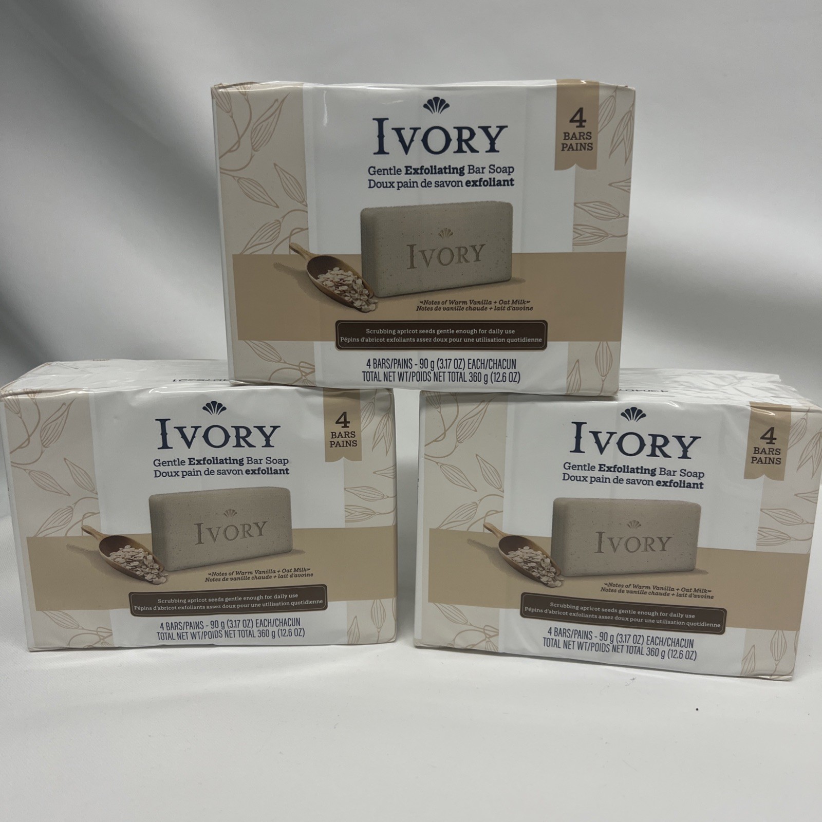 Ivory Exfoliating Soap W/ Apricot Seed And Oat milk & Hint Warm Vanilla 12 Bars