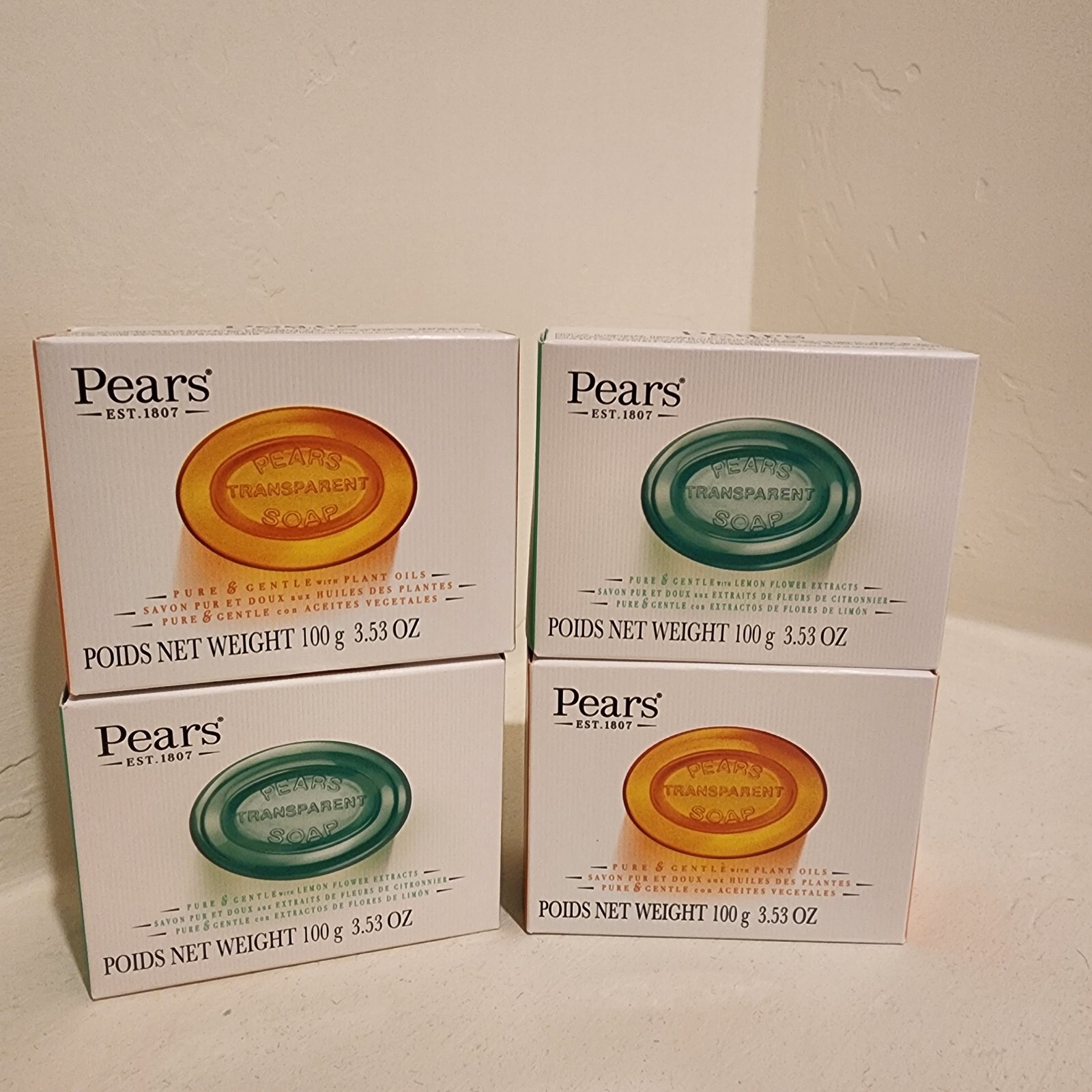 Lot Of 4 Pears Gold And Green Transparent Glycerin Vegetable Oil Bar Soap India