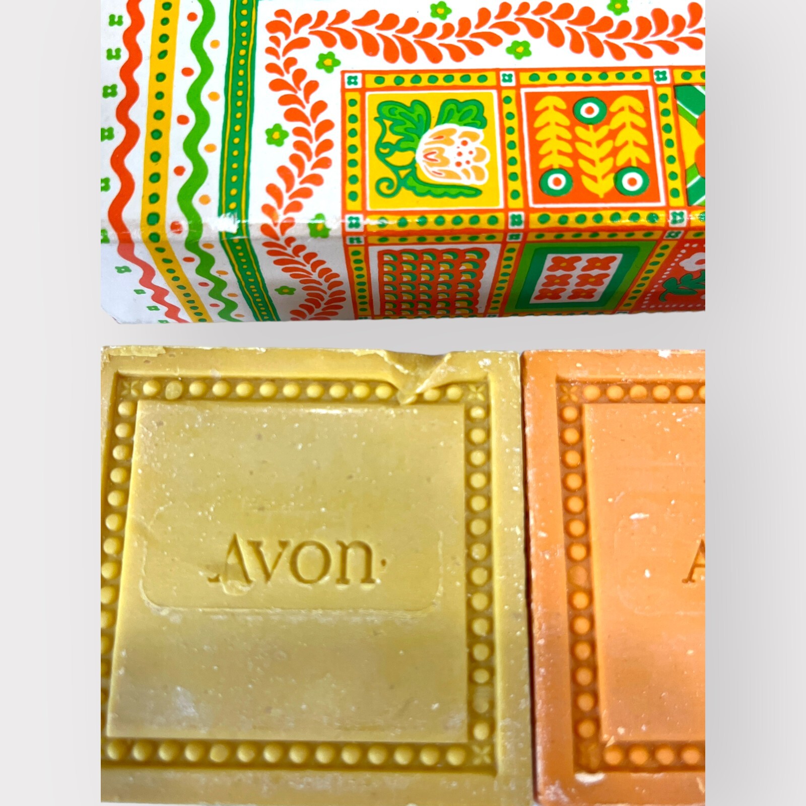 Vintage Avon Patchwork Perfumed Soap 3 3 oz Bars Set Yellow Orange Green Prop