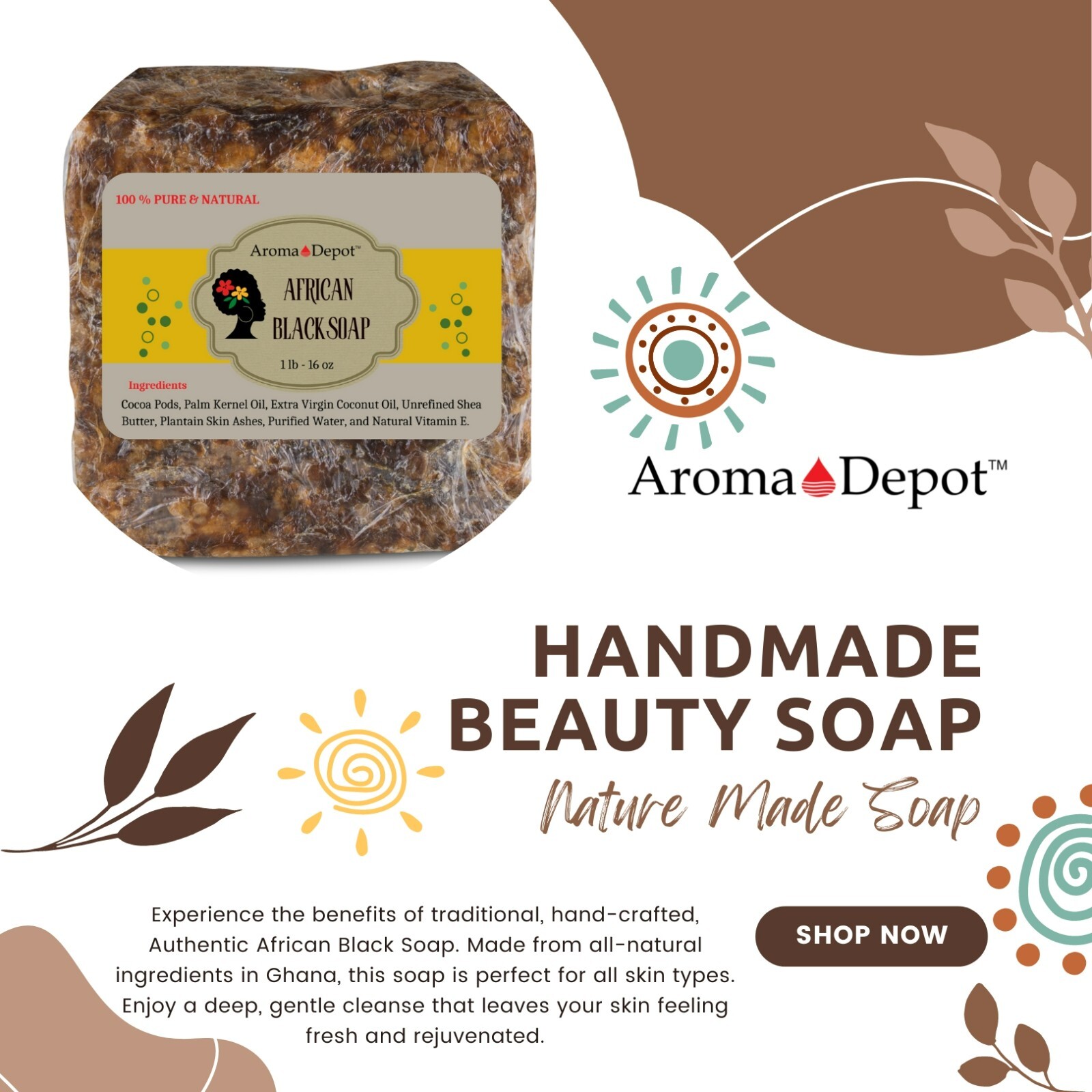 African Black Soap Bar 4 oz. Pure Organic Unrefined Natural Hair Body Face Wash