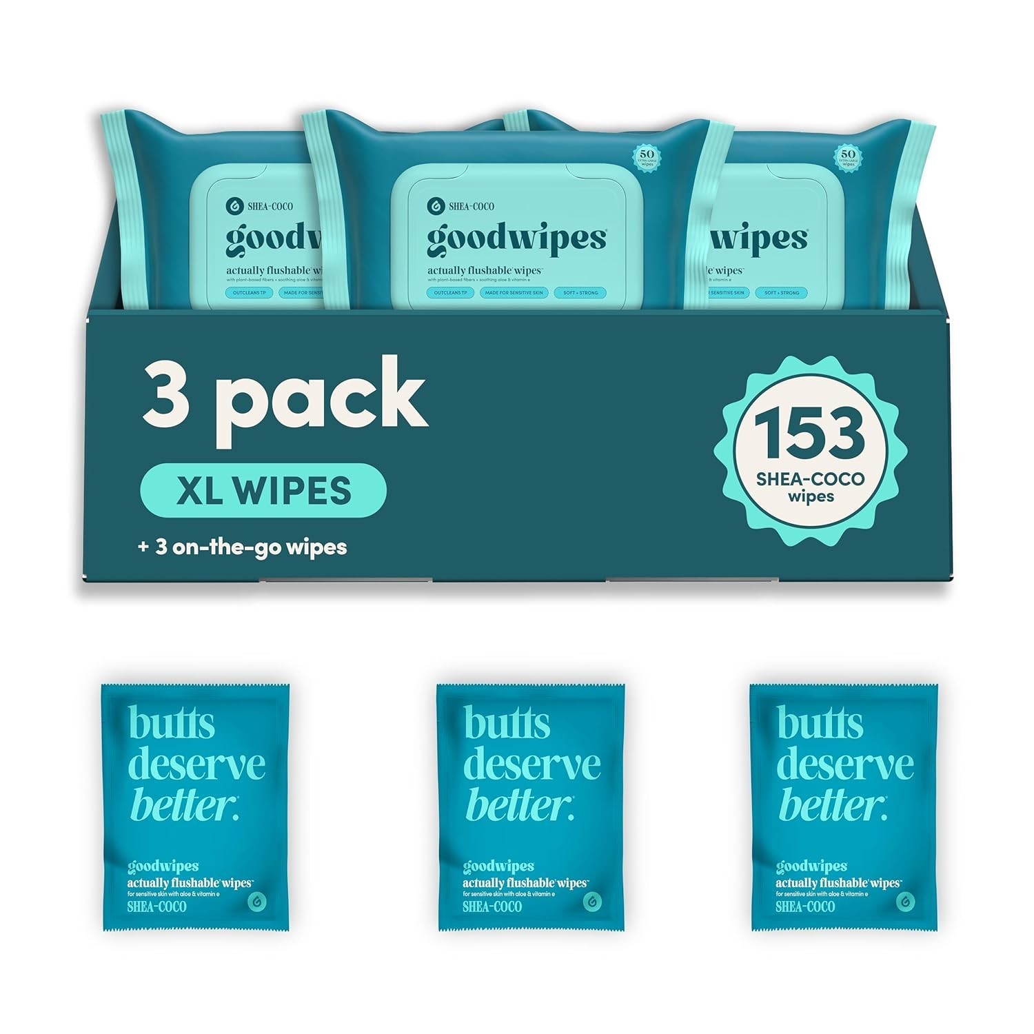 Flushable Shea Coco Wet Wipes for Adults 153 Count Extra Large Safe & Gentle