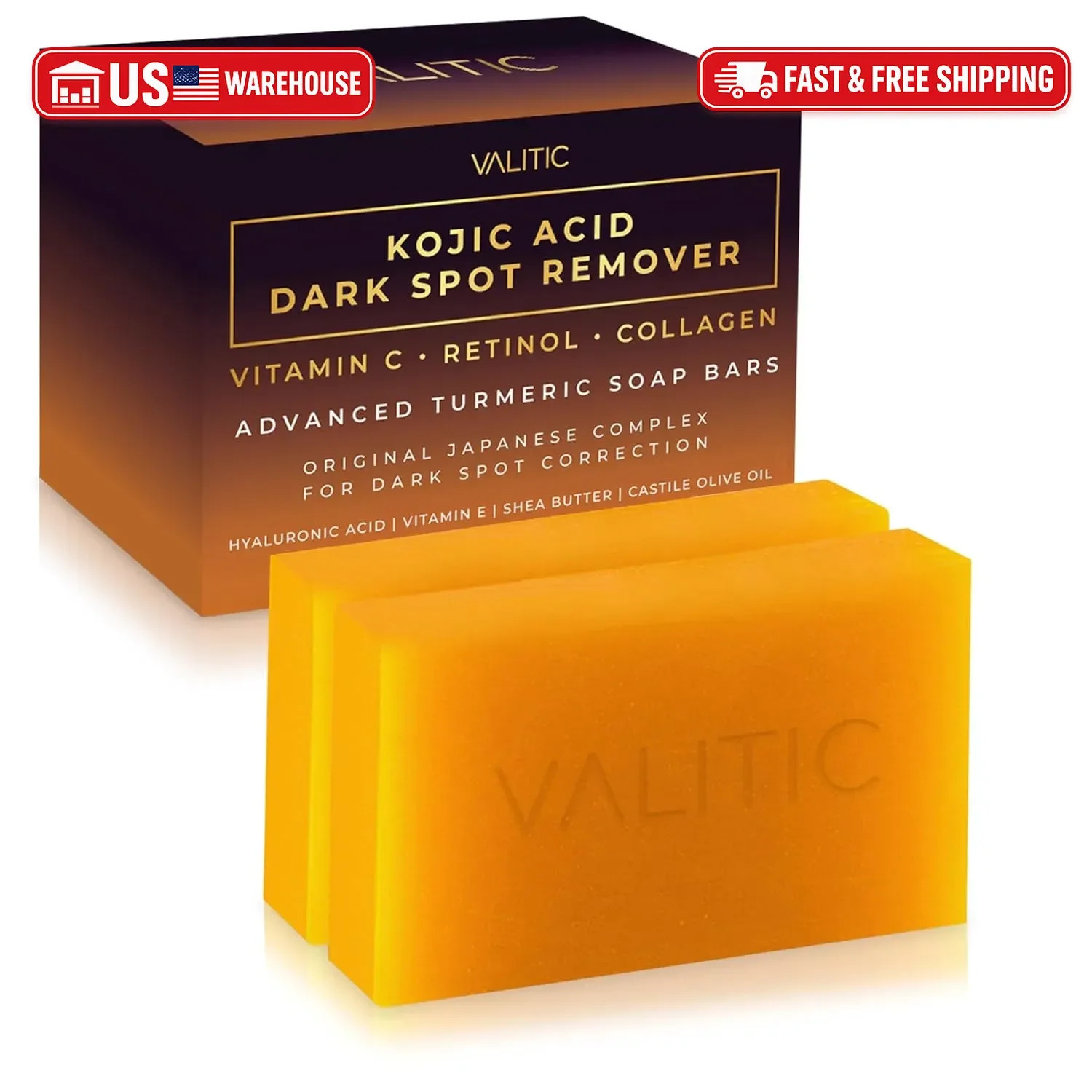 VALITIC Kojic Acid Dark Spot Remover Soap Bars with Vitamin C, Retinol, Collagen