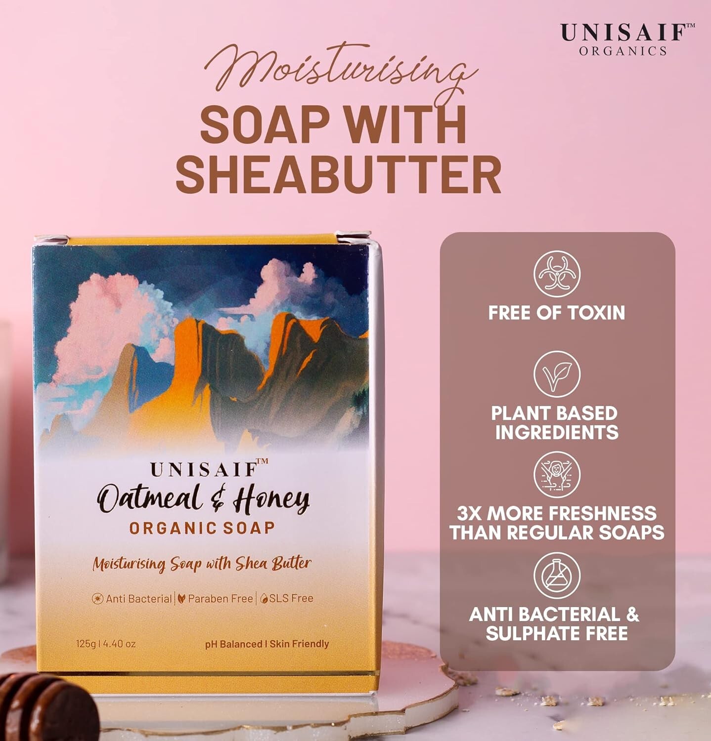 Unisaif Oatmeal & Honey Organic Soap Bar, Moisturizing Soap With Shea Butter