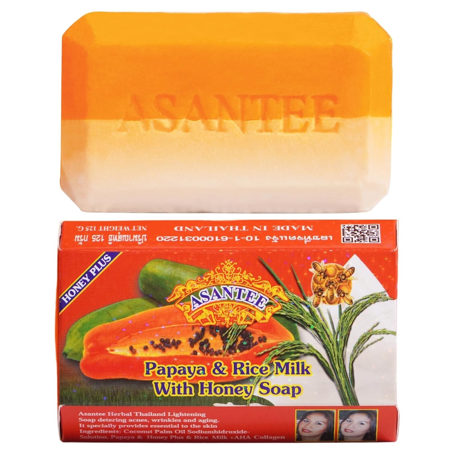 ASANTEE Papaya Rice Milk Honey Cleansing Soap Bar 125g AHA Vitamins A E