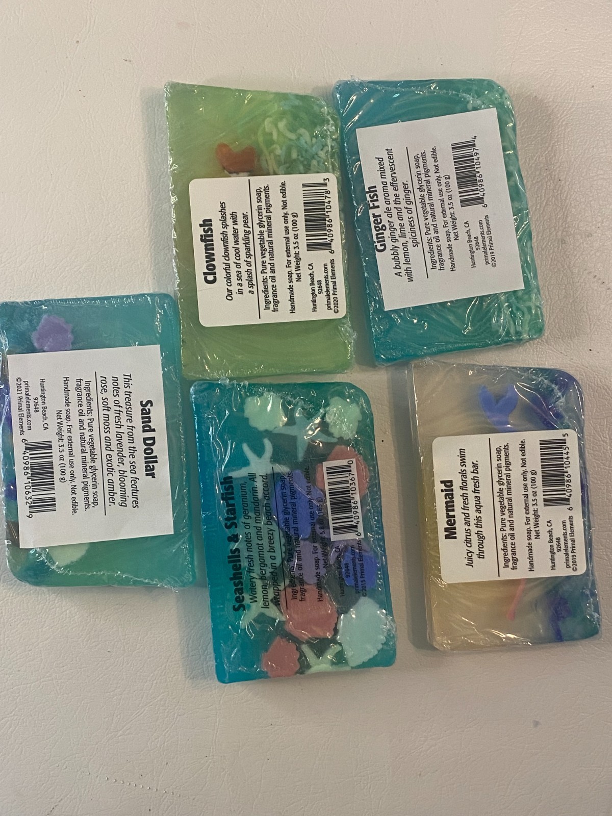 5 Primal Elements 3.5 oz. Bar Soap in Shrinkwrap Mermaid, Fish, Sand Dollar