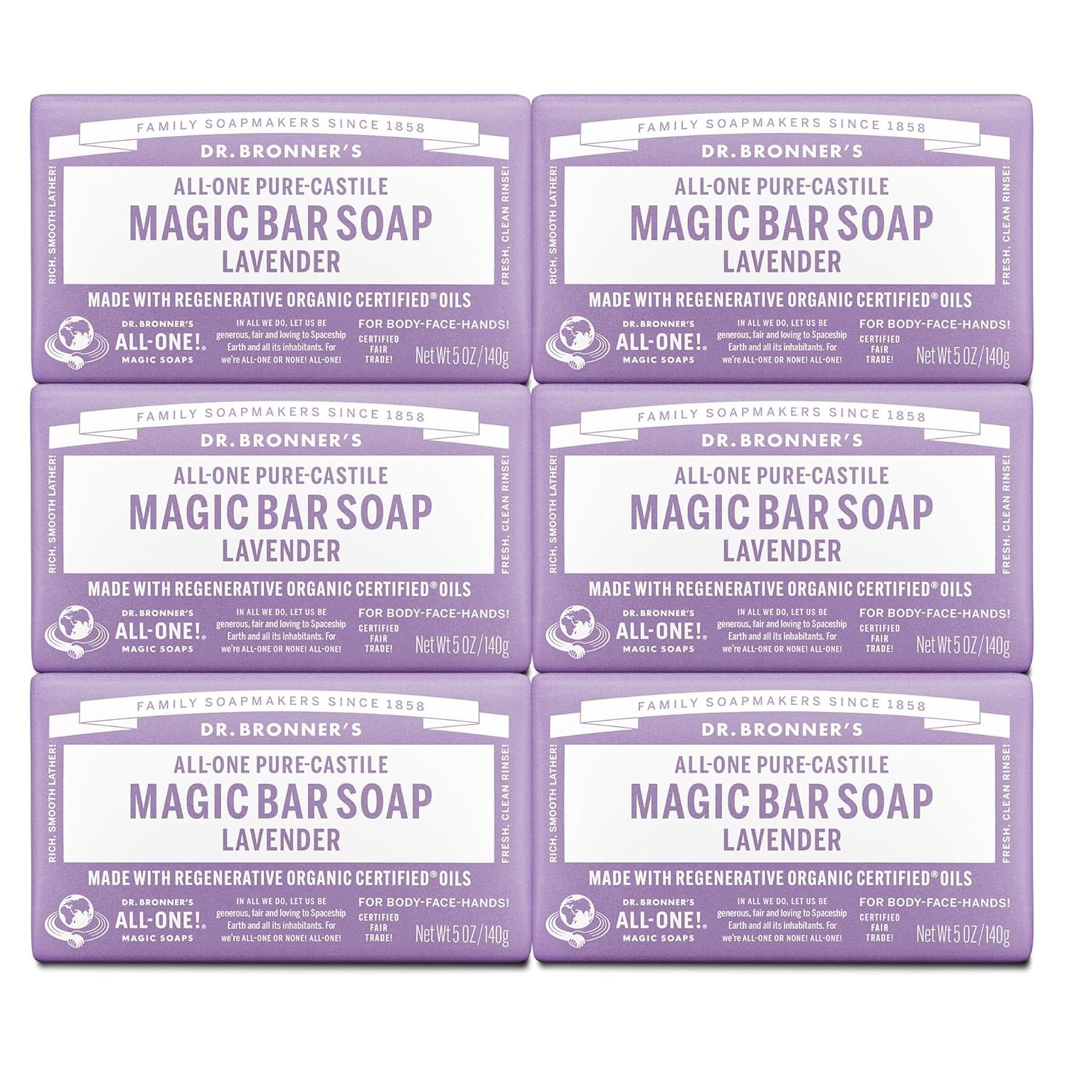 Dr. Bronner’s Pure-Castile Bar Soap Lavender 5 oz Each (Pack of 6)