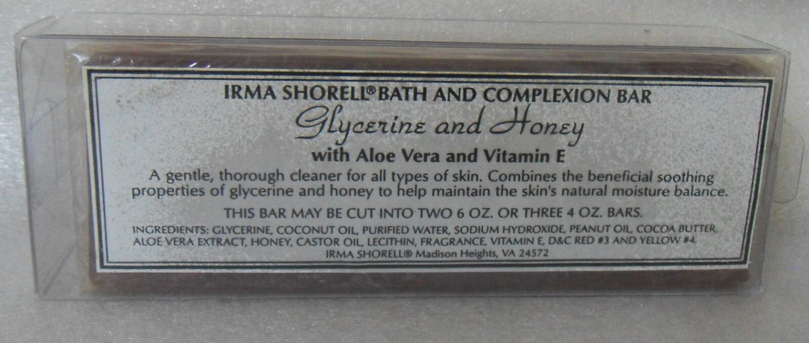 Irma Shorell Glycerine & Honey Bath & Complexion Bar w/ Aloe & Vitamin E 12oz.