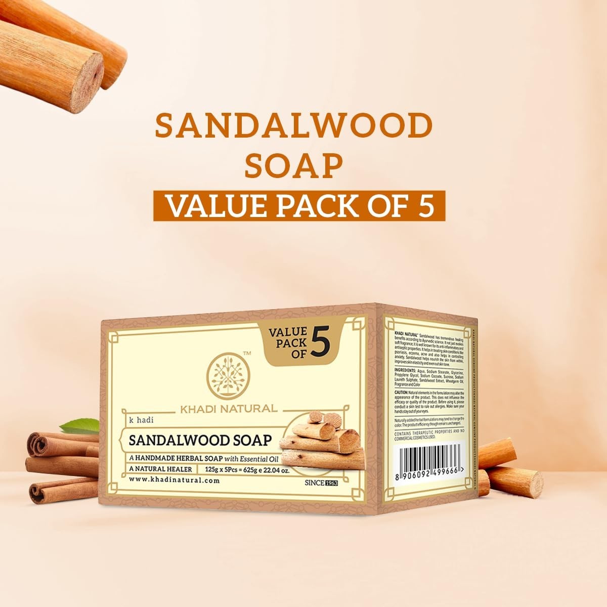Khadi Natural Sandalwood Soap Pack of 5 Handmade Herbal Bath Soap 125g
