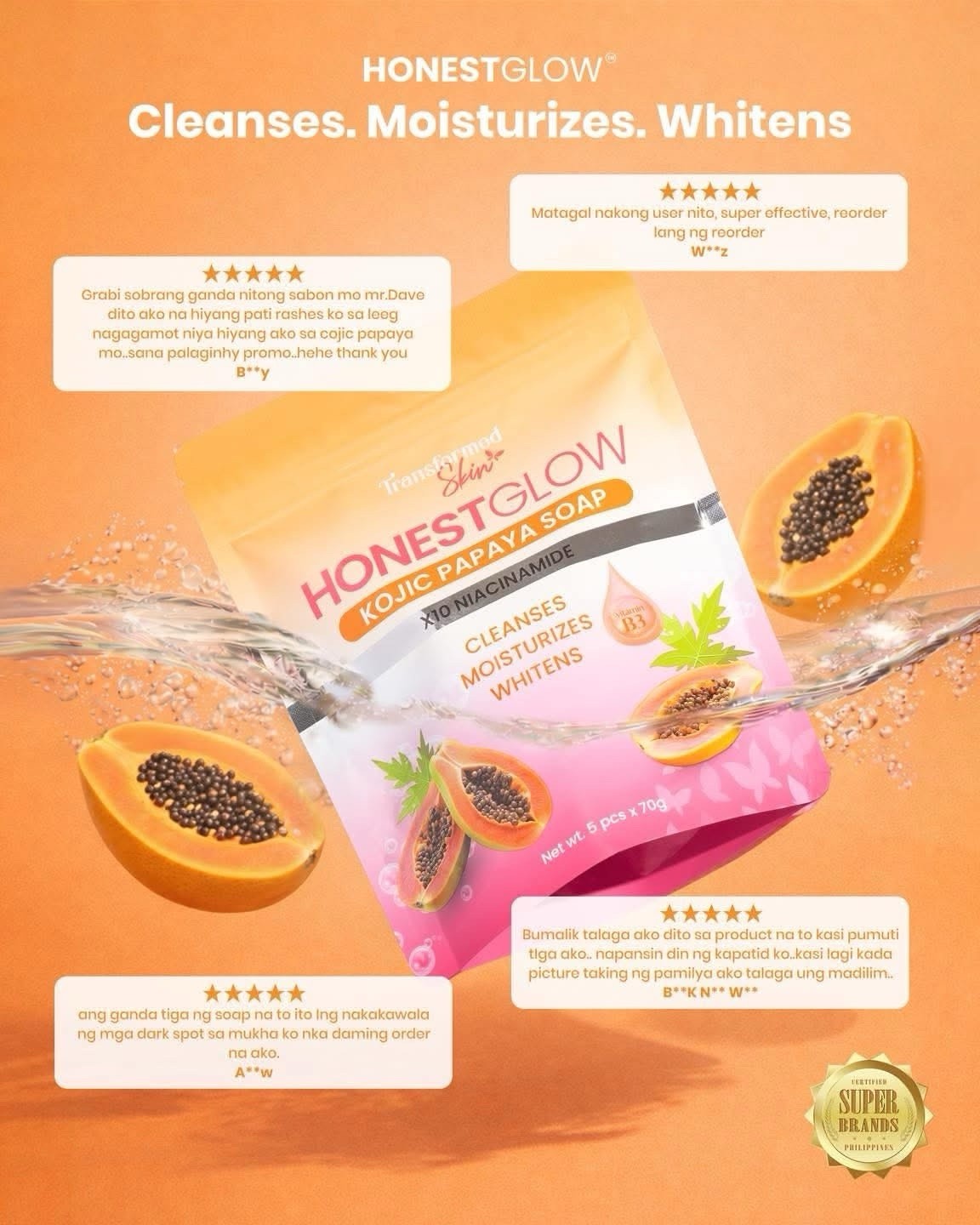 Honest Glow Kojic Papaya Soap X10 Niacinamide (5Pcs X 70g)