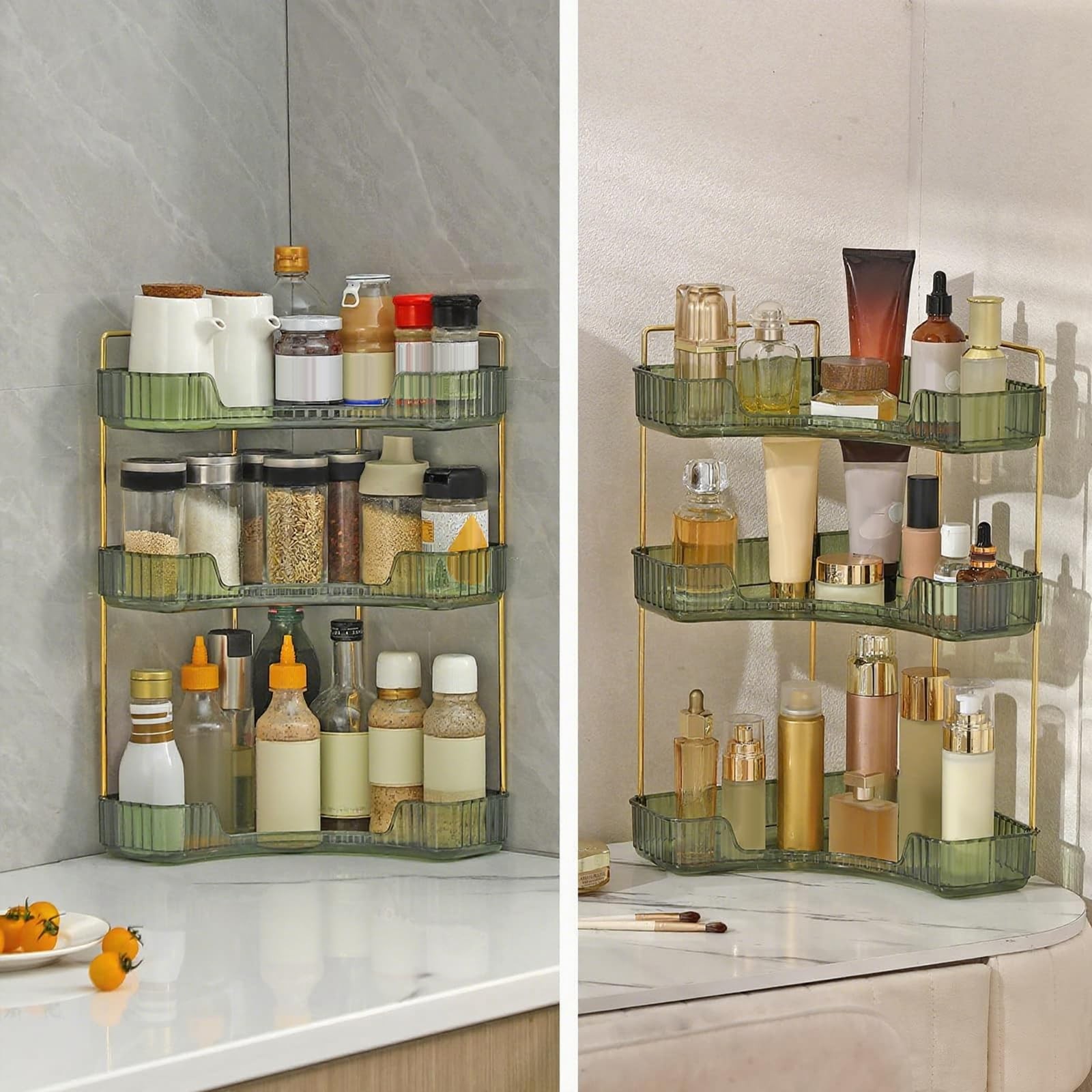 INVSSENE Corner Bathroom Organizer Vanity Tray – Green/Gold, Easy Assembly