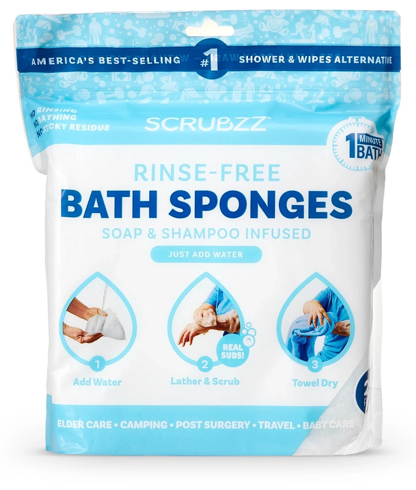 Disposable Rinse Free Bathing Wipes – 25 Pack – All-In-1 Single Use Shower Wipes