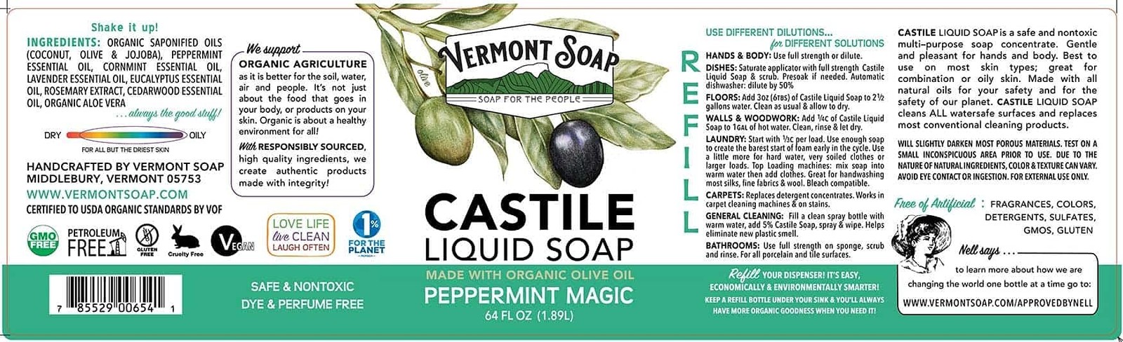 Vermont Castile Soap Peppermint, Gentle Liquid for 64 Fl Oz (Pack of 1)