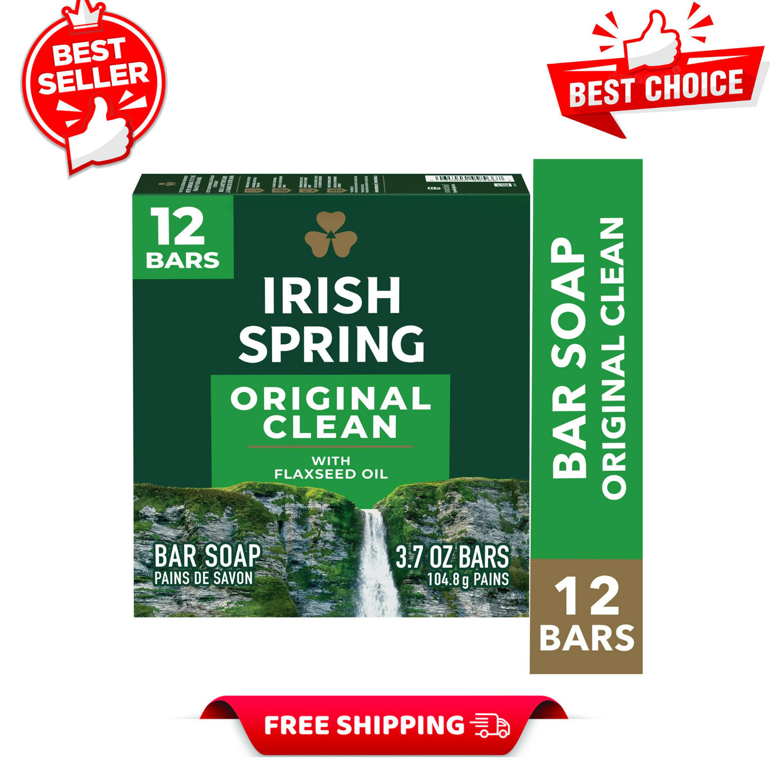 Irish Spring Bar Soap for Men, Original Clean, All Skin Types, 3.7 oz, 12 Pack