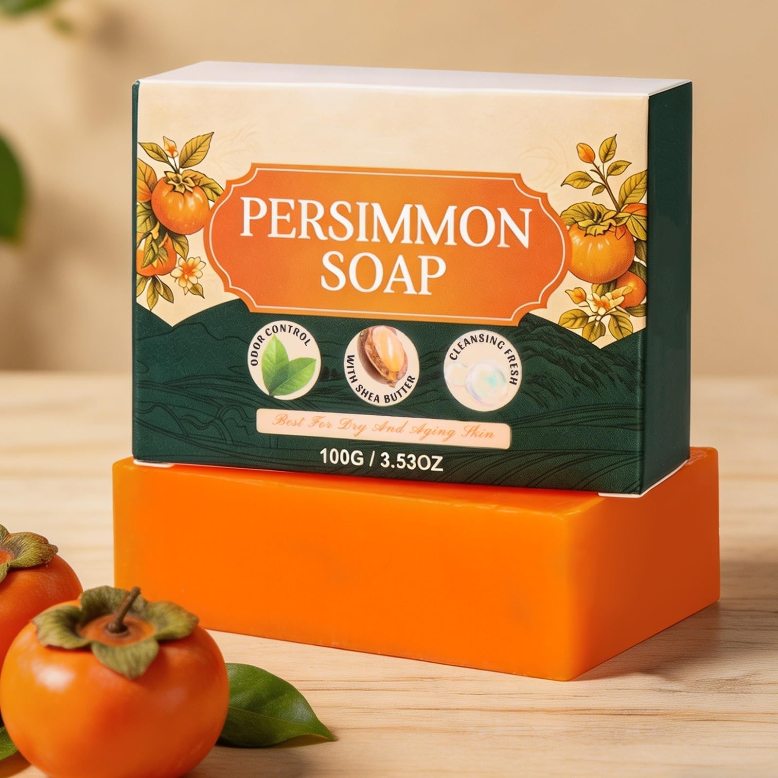 2PC Natural Deodorizing Persimmon Soap for Dry Aging Skin, Green Tea Extract, Ge