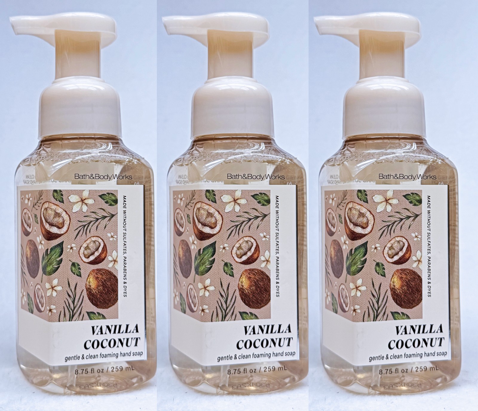 3 Bath & Body Works VANILLA COCONUT Gentle Foaming Hand Soap 8.75 oz