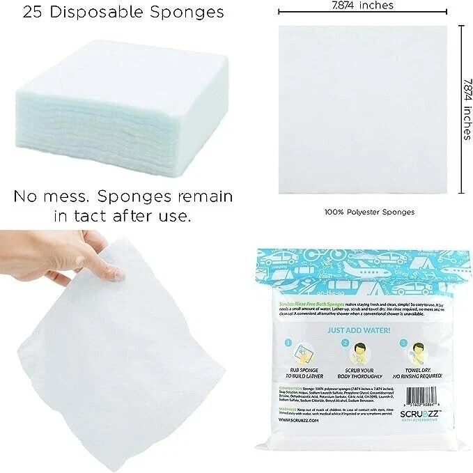 Scrubzz Disposable No Rinse Bathing Wipes – 25 Pack – All-In-1 Single Use Shower