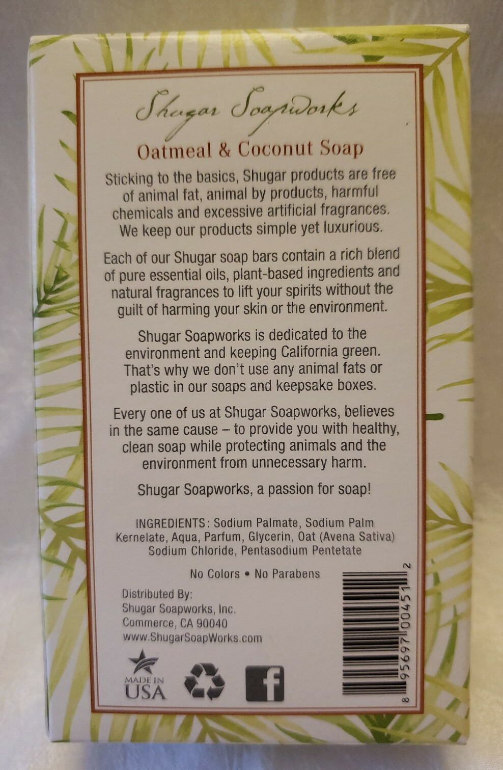 SHUGAR SOAPWORKS LUXURY SOAP BATH BAR OATMEAL COCONUT VEGAN LARGE 6.25 oz 01B11