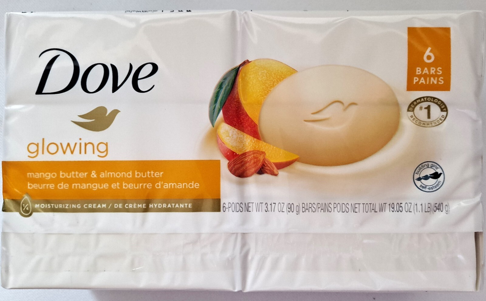 Dove GLOWING Moisturizing Soap Mango & Almond Butter 6 BARS (Total 19.05 oz)