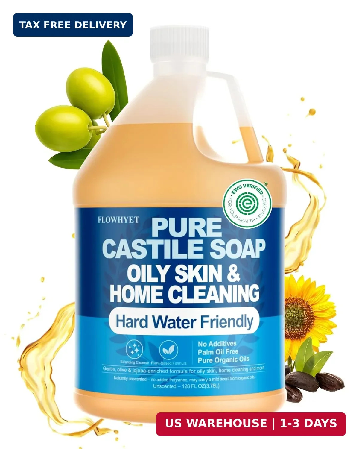 EWG Verified 1Gallon Pure Castile Soap Liquid, Organic Hand Soap Refill, Natural