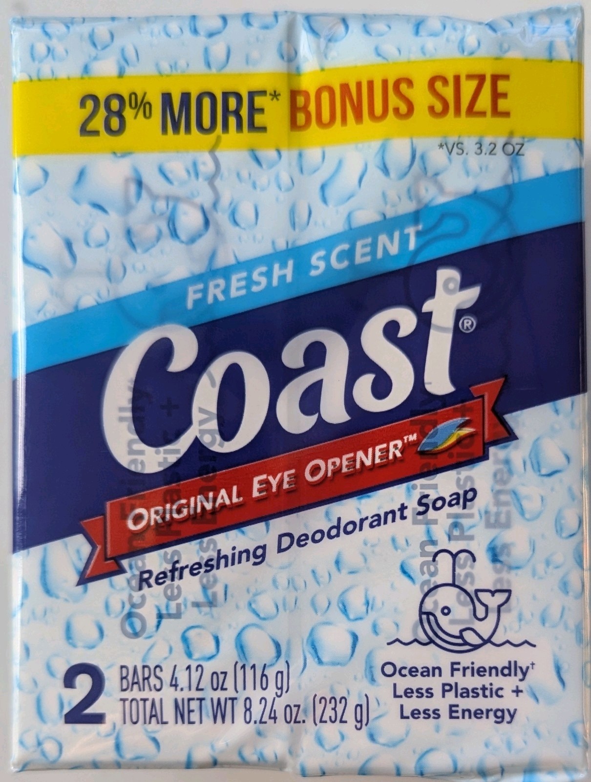 Pack of 2 Coast Deodorant Soap Bar Fresh Scent 4.12 oz Each Eye Opener New